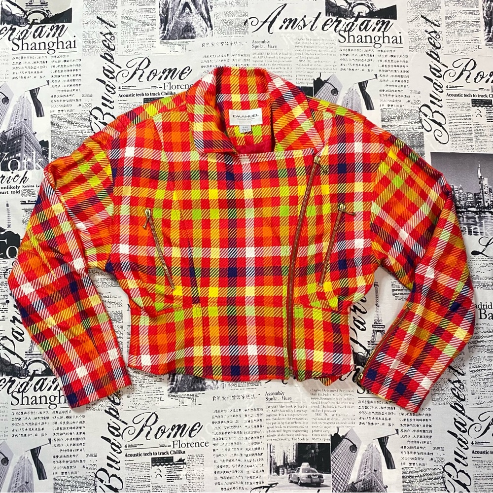 Emanuel Ungaro vintage 90s red plaid cropped moto jacket